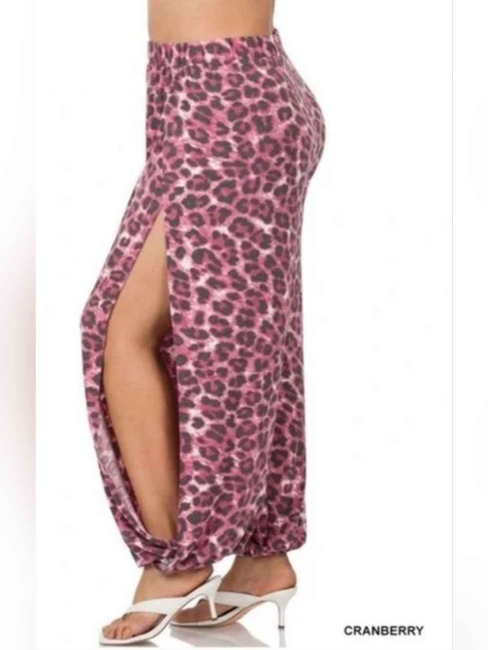 Zenana Leopard Print Side-Slit Pull-on Jogger Cranberry in Various Sizes NIP